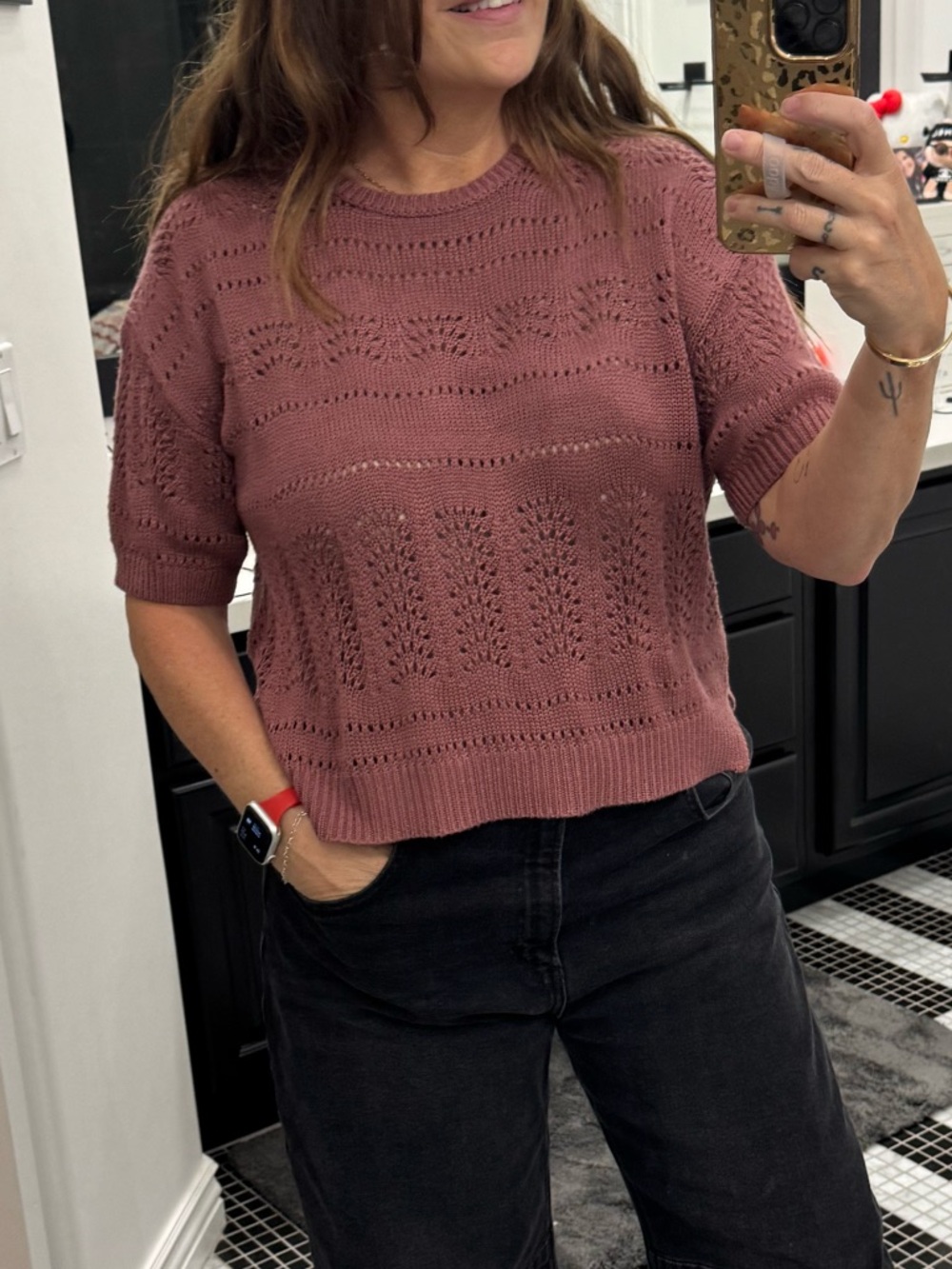 Mauve Open Weave Short Sleeve Sweater